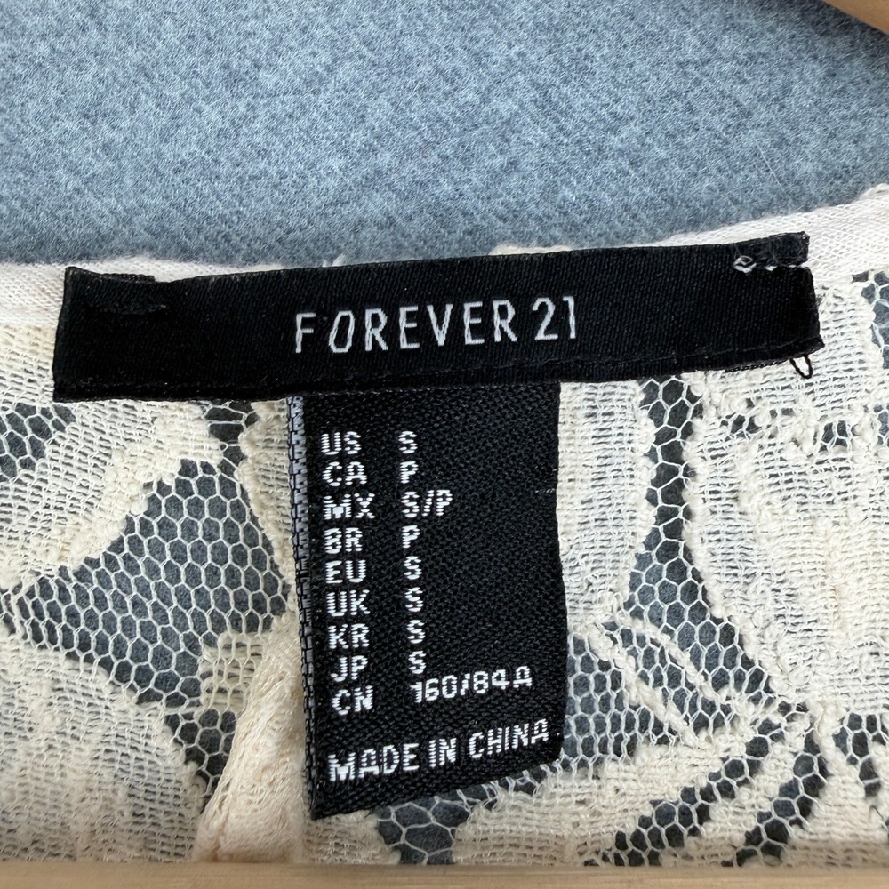 Forever 21 Cream Floral Lace Longline Duster Cardigan Bell Sleeve Pom Trim Small - Picture 5 of 8